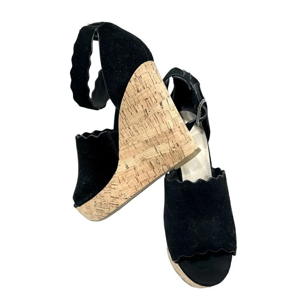 Marc Fisher black suede cork wedges sandals size 6M runs big